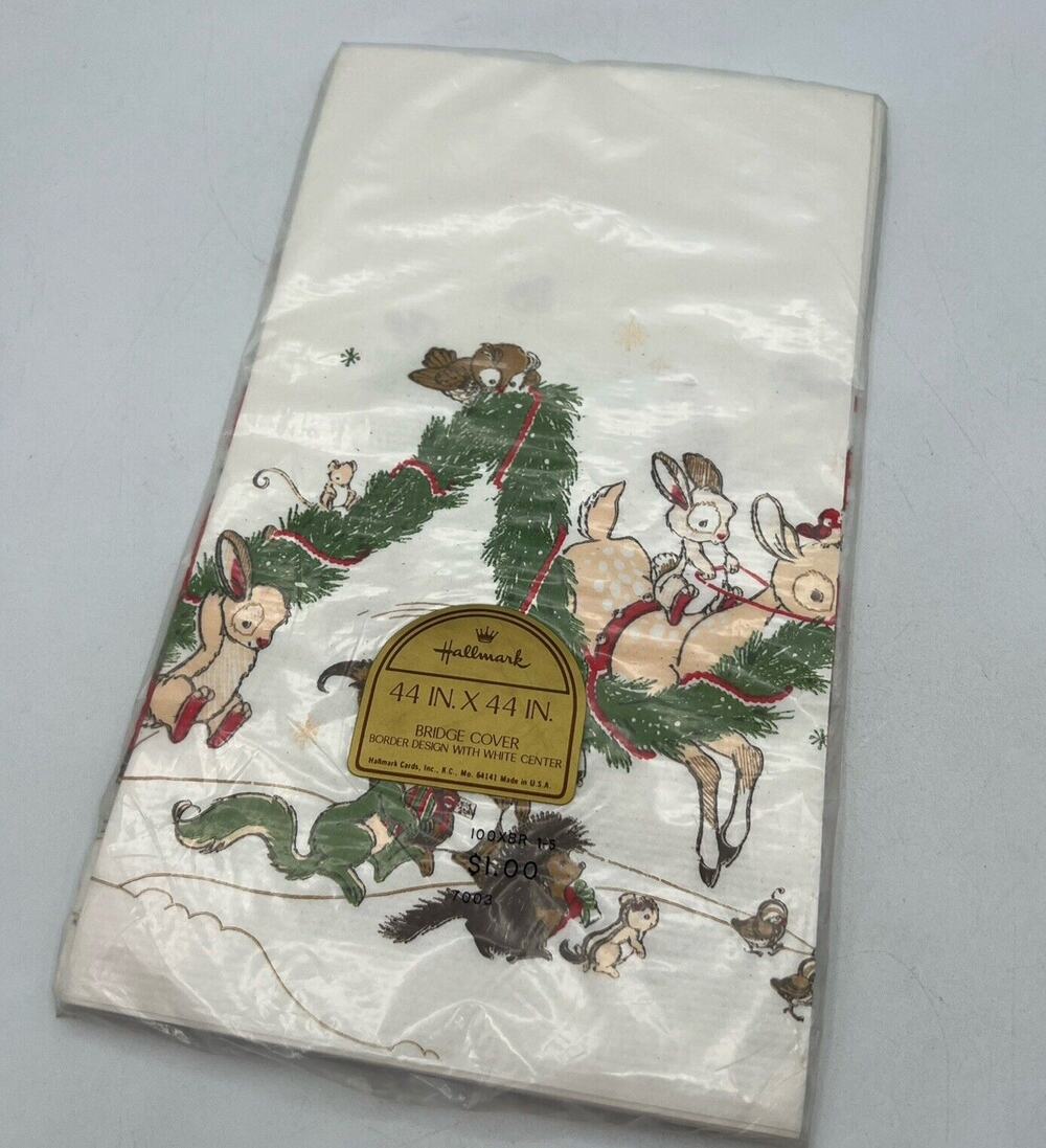 Hallmark Christmas Santa Reindeer Forest Woodland Animals Paper Tablecloth 44"